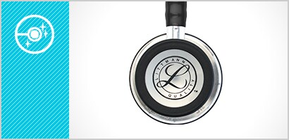 Pediatrická strana hrudního snímače fonendoskopu 3M Littmann Classic III plus ikona nablýskaného hrudního snímače v bílé barvě na zelenomodrém pozadí.
