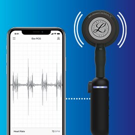 3M Littmann CORE digitální fonendoskop připojený k softwaru Eko v telefonu.
