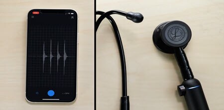 detailní záběr CORE Littmann digitálního fonendoskopu synchronizovaného s mobilní aplikací EKO

